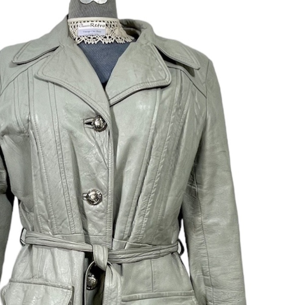 VTG Gray Leather Trench Chore Coat Pockets Belt Classic Quiet Luxury Minimal LG